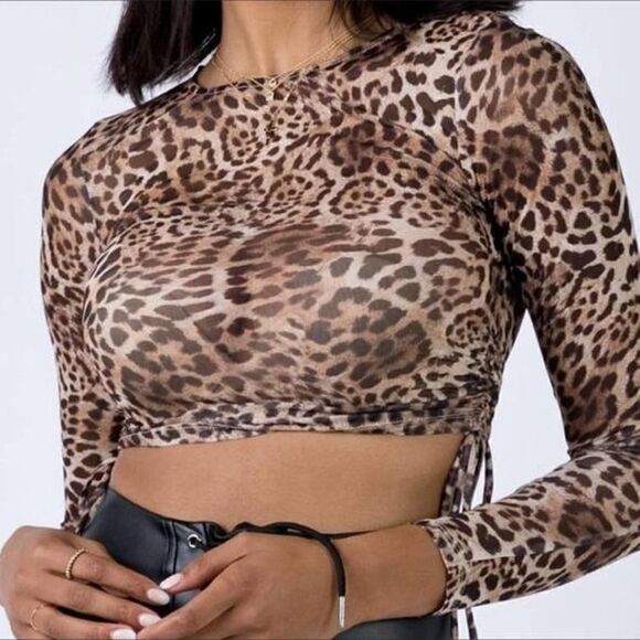 Princess Polly Cheetah leopard brown sheer long sleeve cinch side crop top - Picture 1 of 5